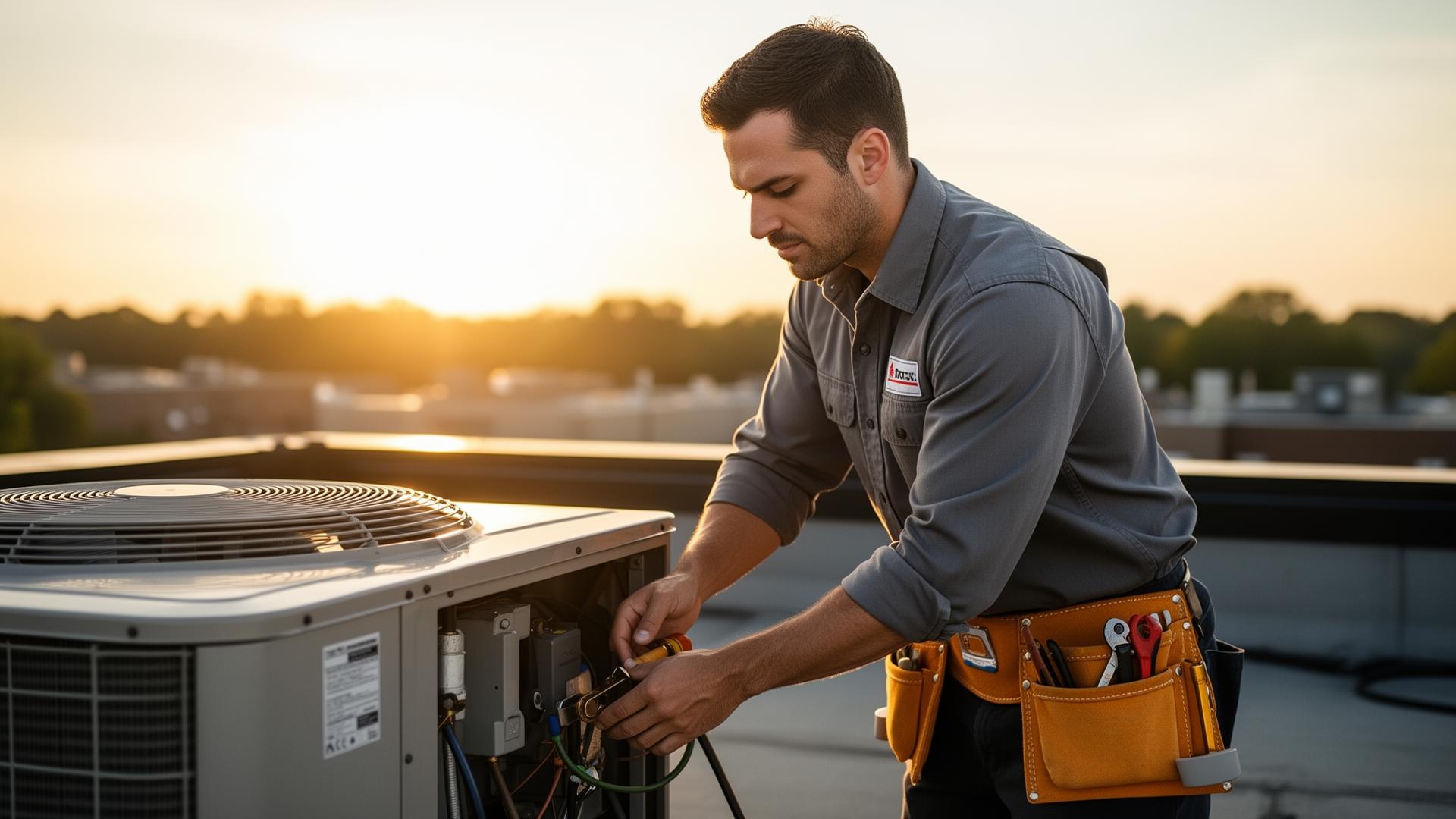 Local service tradesperson working on rooftop HVAC equipment at sunset